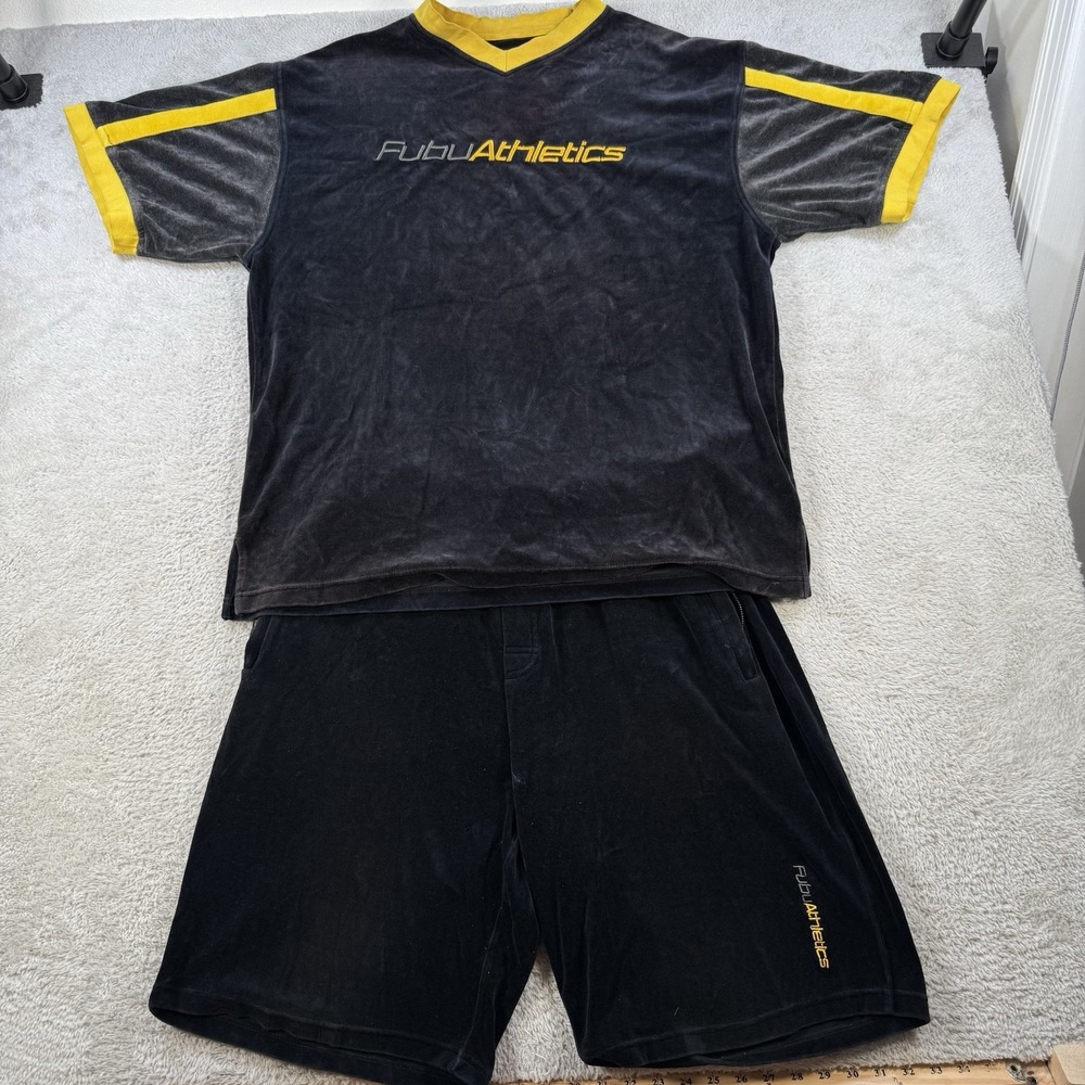 Vintage FUBU Shirt & Shorts Set Mens Large Black Velour Matching 2 Piece Y2K